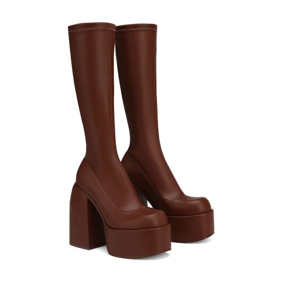 Chocolate Brown Faux Leather Chunky Platform Square Toe Knee High Boots - Picture 2 of 2